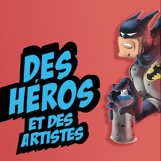 Affiche de l'exposition Des Héros et des Artistes à Charenton le pont 94 en juillet 2026 représentant un batman avec une bombe de grafiti à la main - super-héros décalés, artistiques et humoristique
