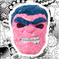 Art mural en mosaïque fait à la main représentant un masque d'Hulk des Avengers façon pop art, rose vif, bleu et argenté
