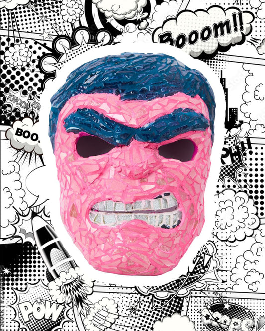 Art mural en mosaïque fait à la main représentant un masque d'Hulk des Avengers façon pop art, rose vif, bleu et argenté