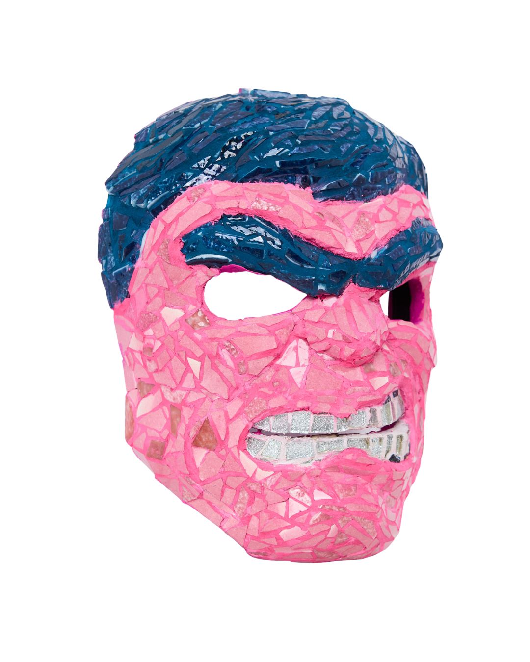 Art mural en mosaïque fait à la main représentant un masque d'Hulk des Avengers façon pop art, rose vif, bleu et argenté